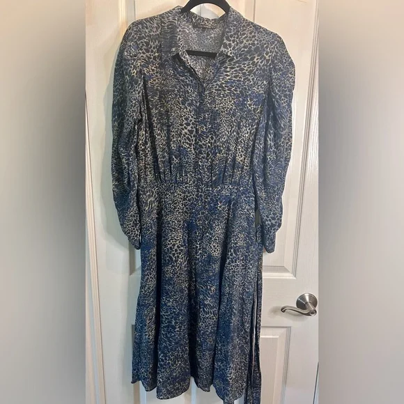 🖤”Kobi Halperin” 100% SILK Blue/Black/Cream Animal Print Bishop Sleeve Dress - Picture 1 of 13